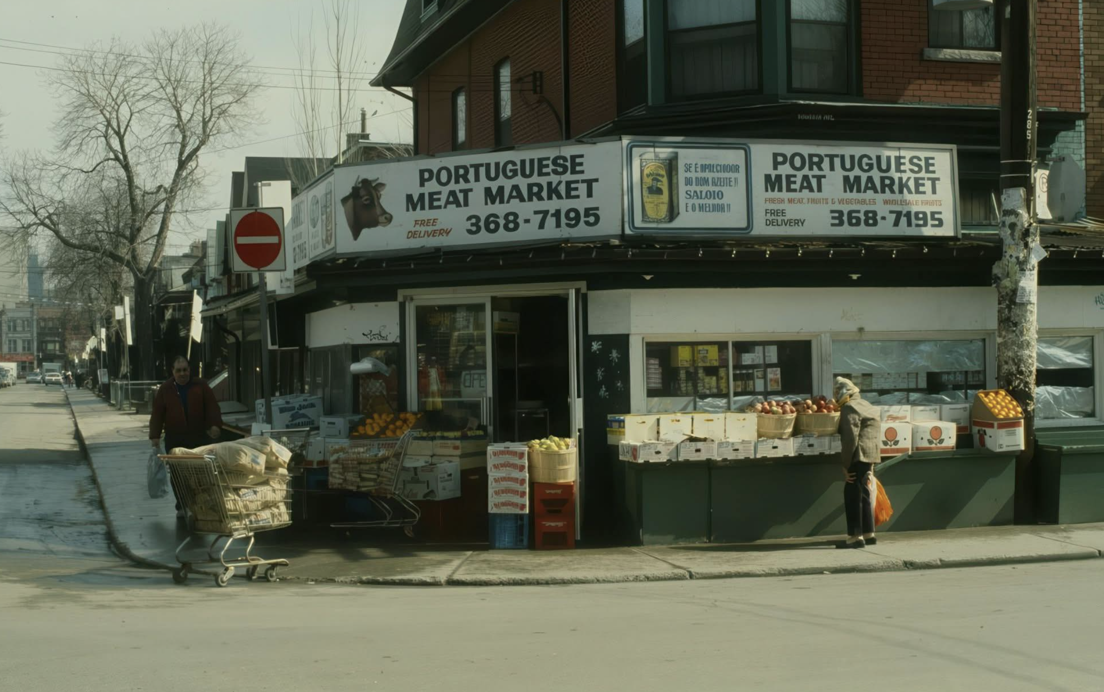 Portuguese Meat Market on Oxford Street, looking east from Augusta Avenue in the 1980s. credit: City of Toronto Archives